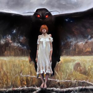 Gothic oil painting art print of a young girl sensing Mothman behind her — Mothman: Prophetic Whispers by Marty Engle