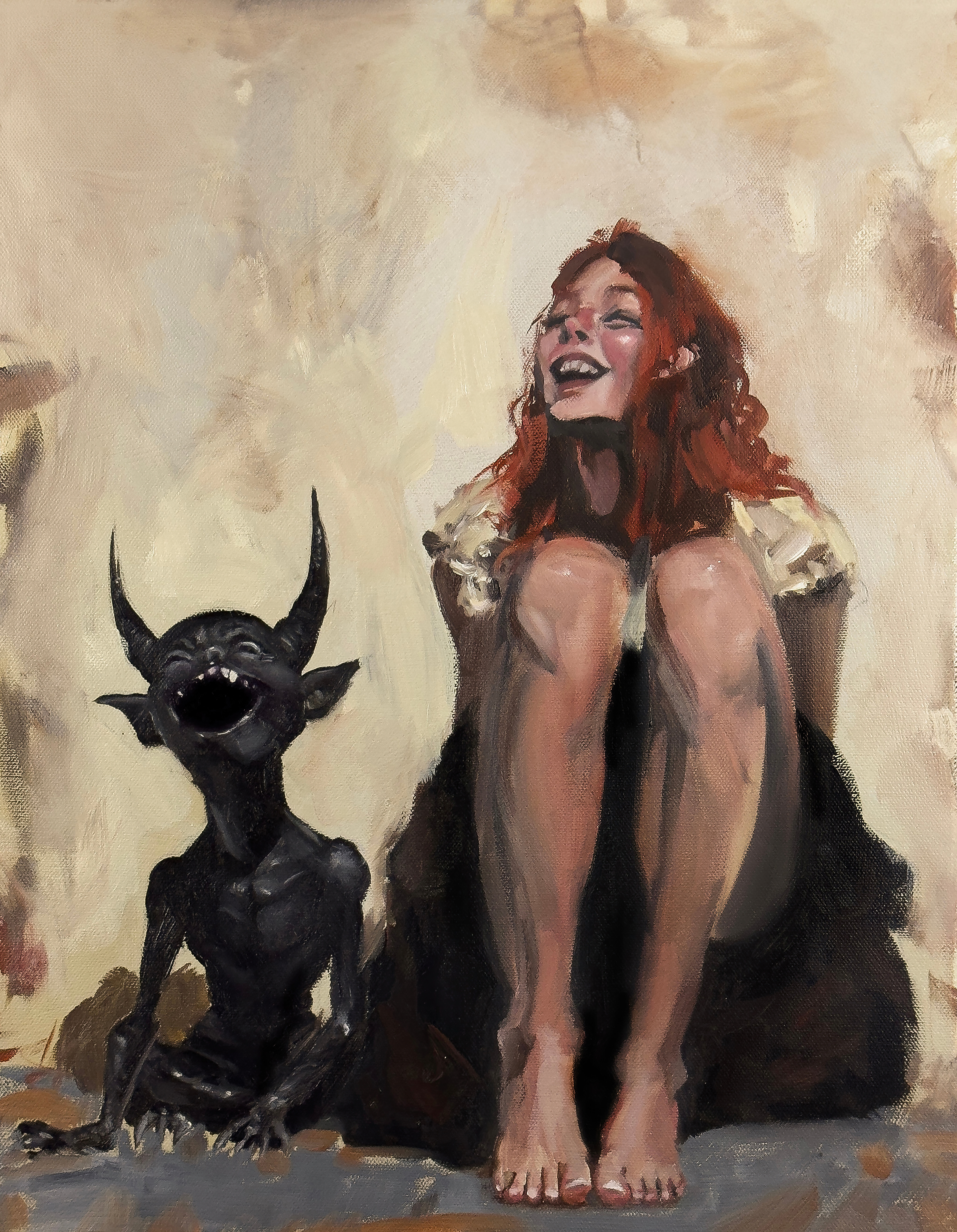 Art print of a woman and her monster laughing together — Sharing a Laugh by Marty Engle