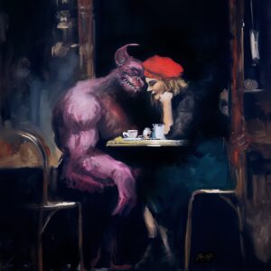 Gothic romance art print of a café tryst with an unseen beast — So This is Love by Marty Engle