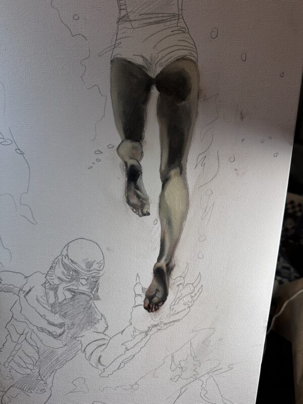 Early painted legs above the drawn creature on the Two Worlds Apart canvas