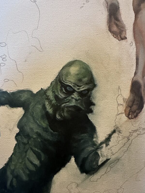 The green creature taking shape beneath the partially painted figure in Two Worlds Apart