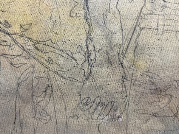 Close view of the drawn horned figure and woman on the Defiance canvas