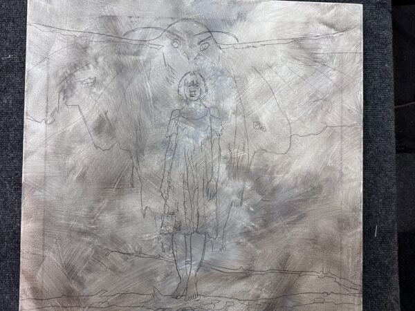 Early Mothman drawing with background paint and the central figure still outlined