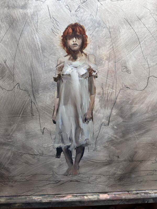 Mothman canvas with the central figure’s red hair and face painted above an outlined dress