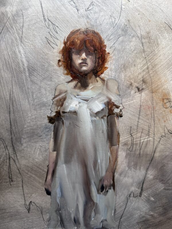 Central figure in a painted white dress while the Mothman wings remain drawn outlines