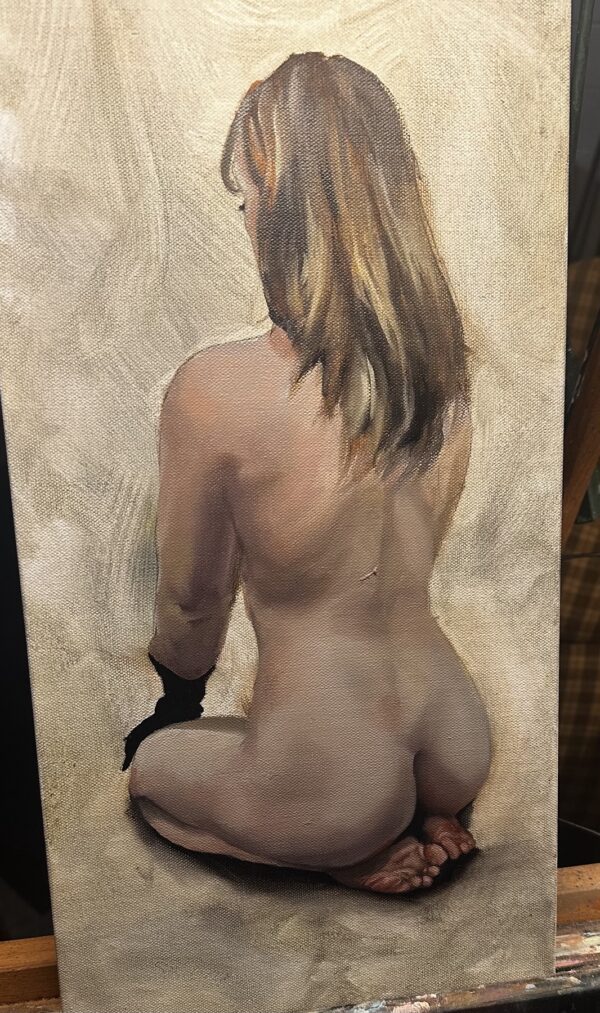 Poise oil painting in progress showing the seated figure from behind against a light background